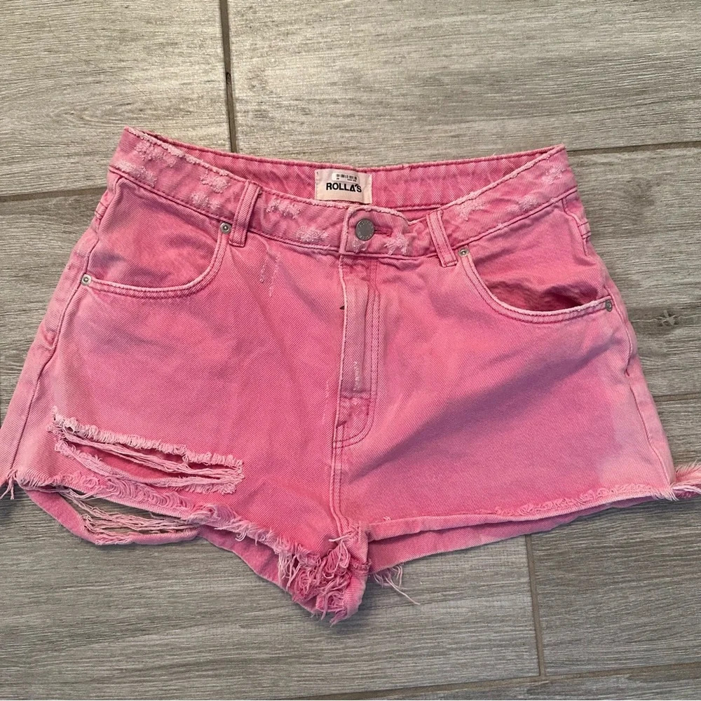 Rollas High Rise Slim Hot Pink Denim Shorts - distressed with frayed edges - Picture 2 of 4